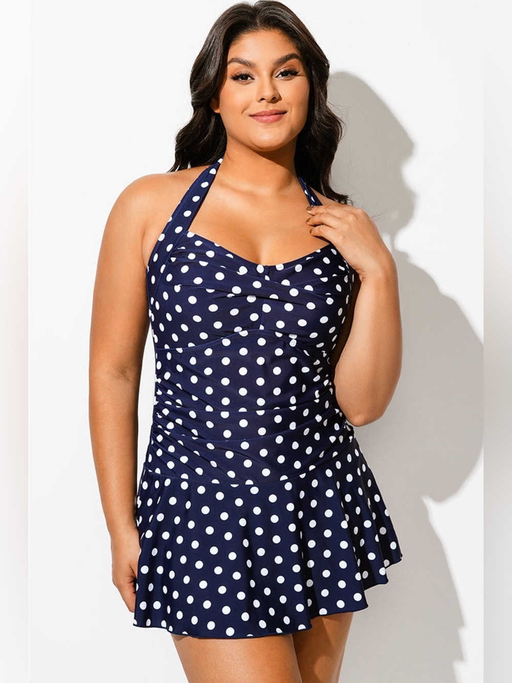 Navy Halter Sweetheart Polka Dot Sexy Swimdress - Picture 4 of 5